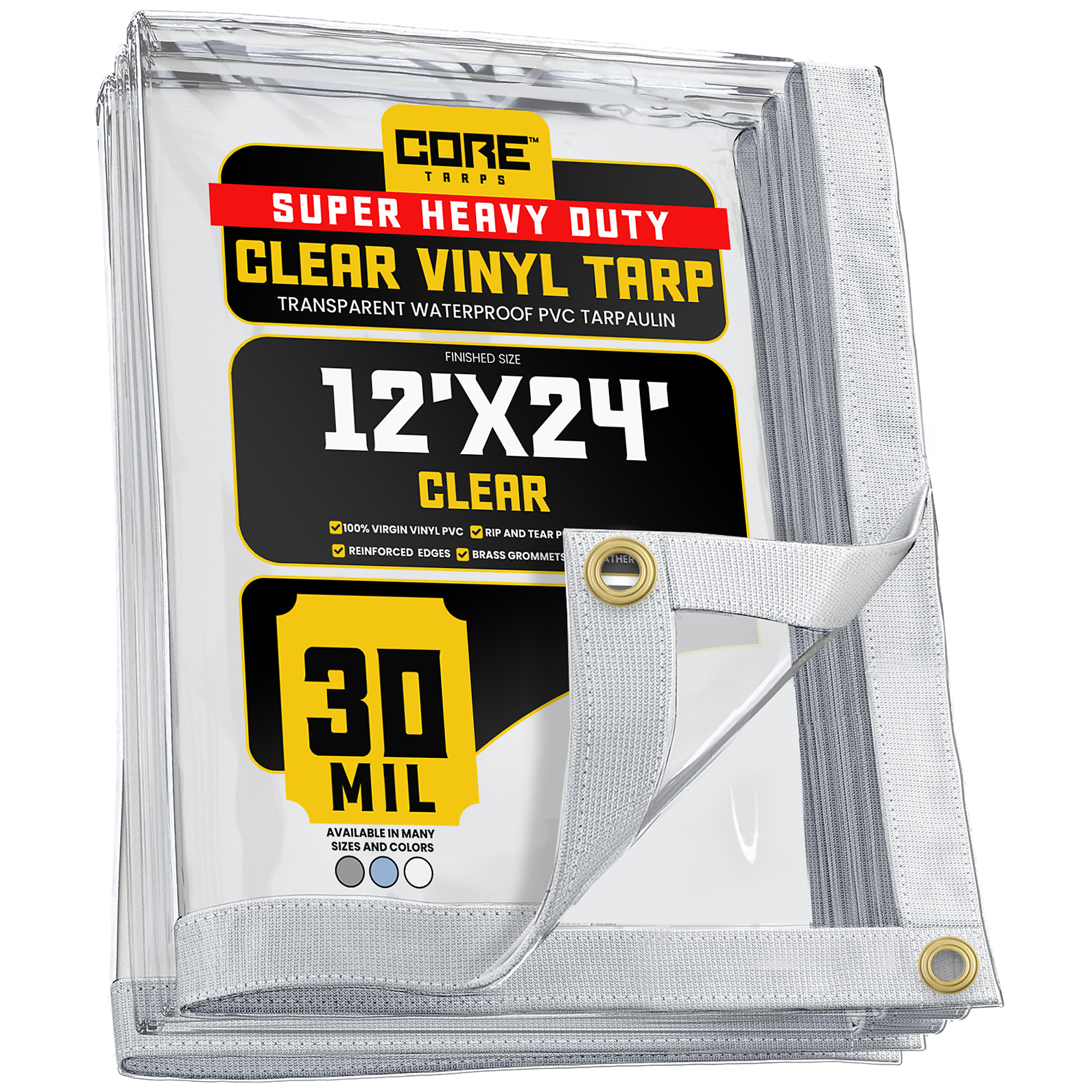 Core Tarps Extreme Heavy-Duty Vinyl Tarp — 12ft. x 24ft., 30 Mil, Waterproof PVC, Brass Grommets, Clear, Model# CT-201-12X24